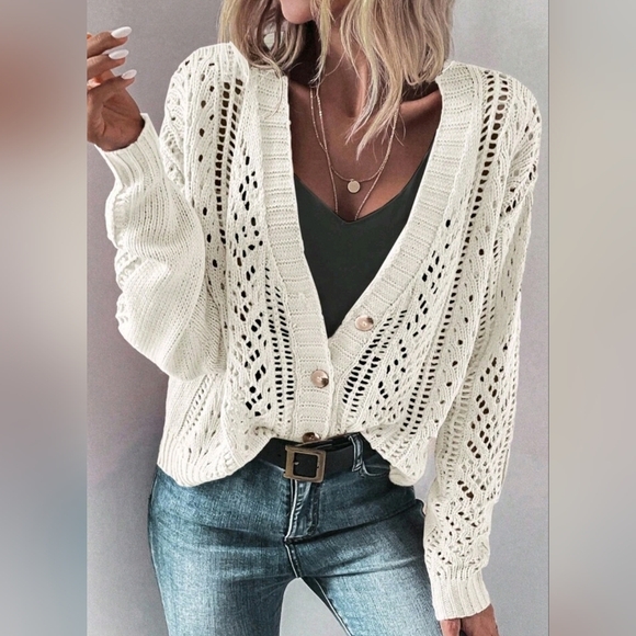 New Boho Open Knit Cardigan Sweater Off White - Picture 7 of 9
